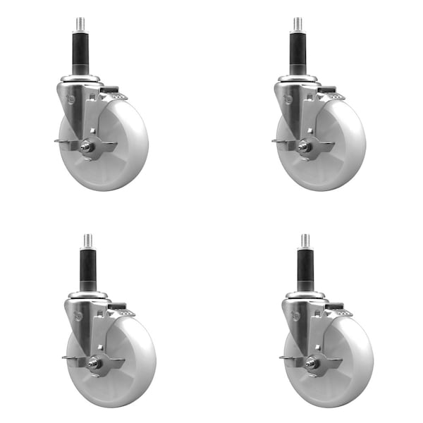 5'' SS Nylon Swivel 1'' Expanding Stem Caster Set with Brake, 4PK